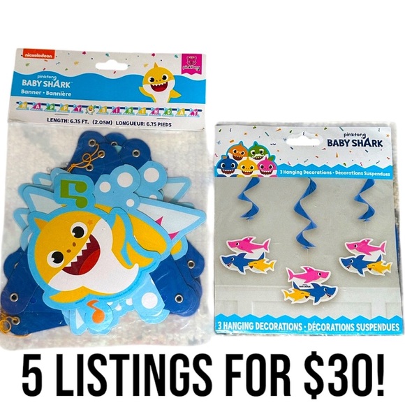 Baby Shark 6.75 Ft Happy Birthday Banner + 3 Baby Shark Hanging Decorations - Picture 1 of 6